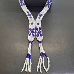 Vintage Handcrafted Loom Beaded Necklace Blue White Geometric Tassel Y-Necklace